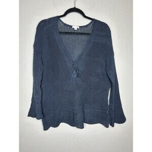J Jill Open Knit Navy Sweater Tassel Tie Crochet Beachy Coastal Cottage Medium